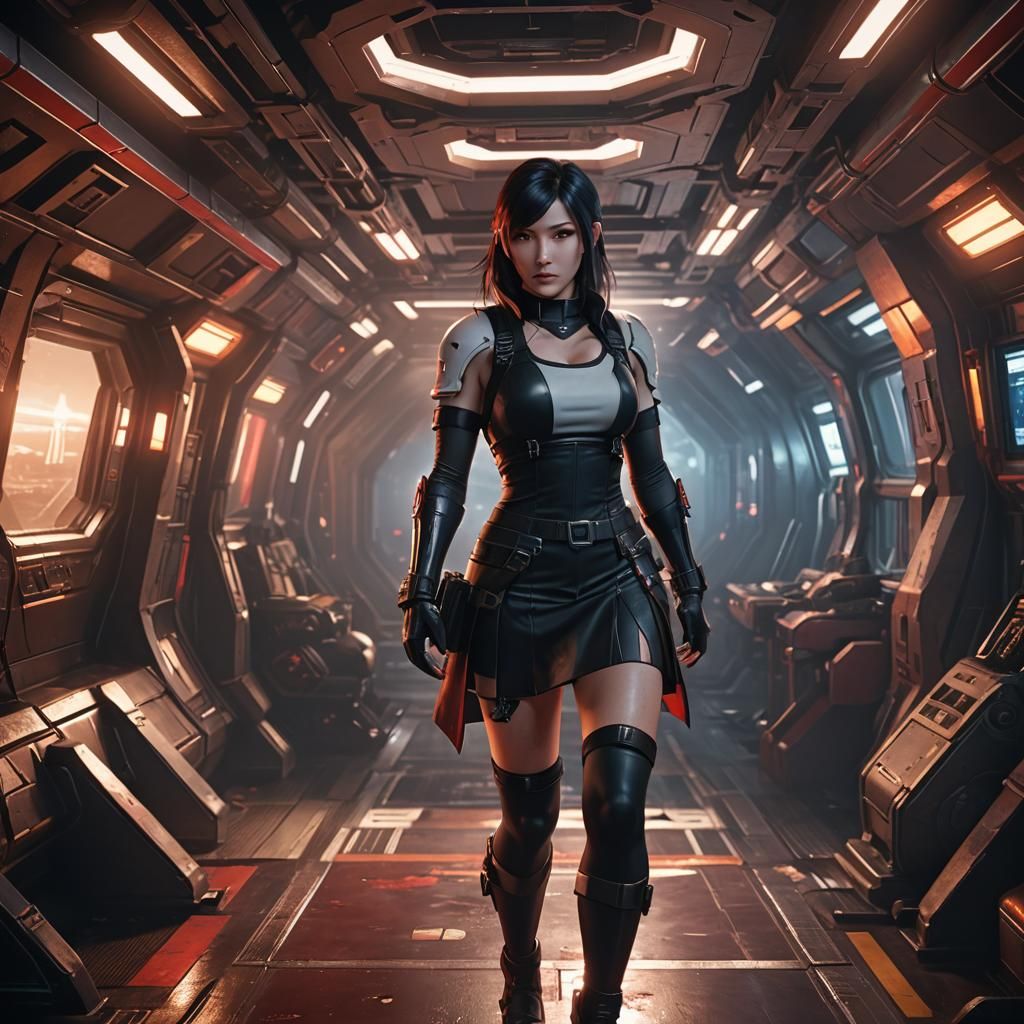 Tifa in a Futuristic Spaceship Interior