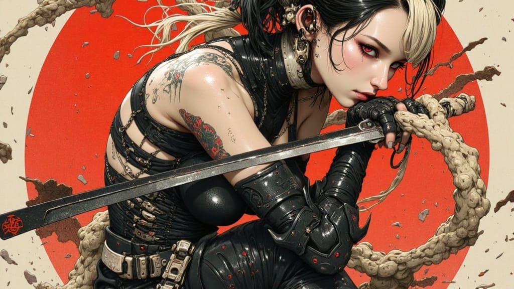 Cyberpunk Warrior Geisha in Futuristic Action Pose