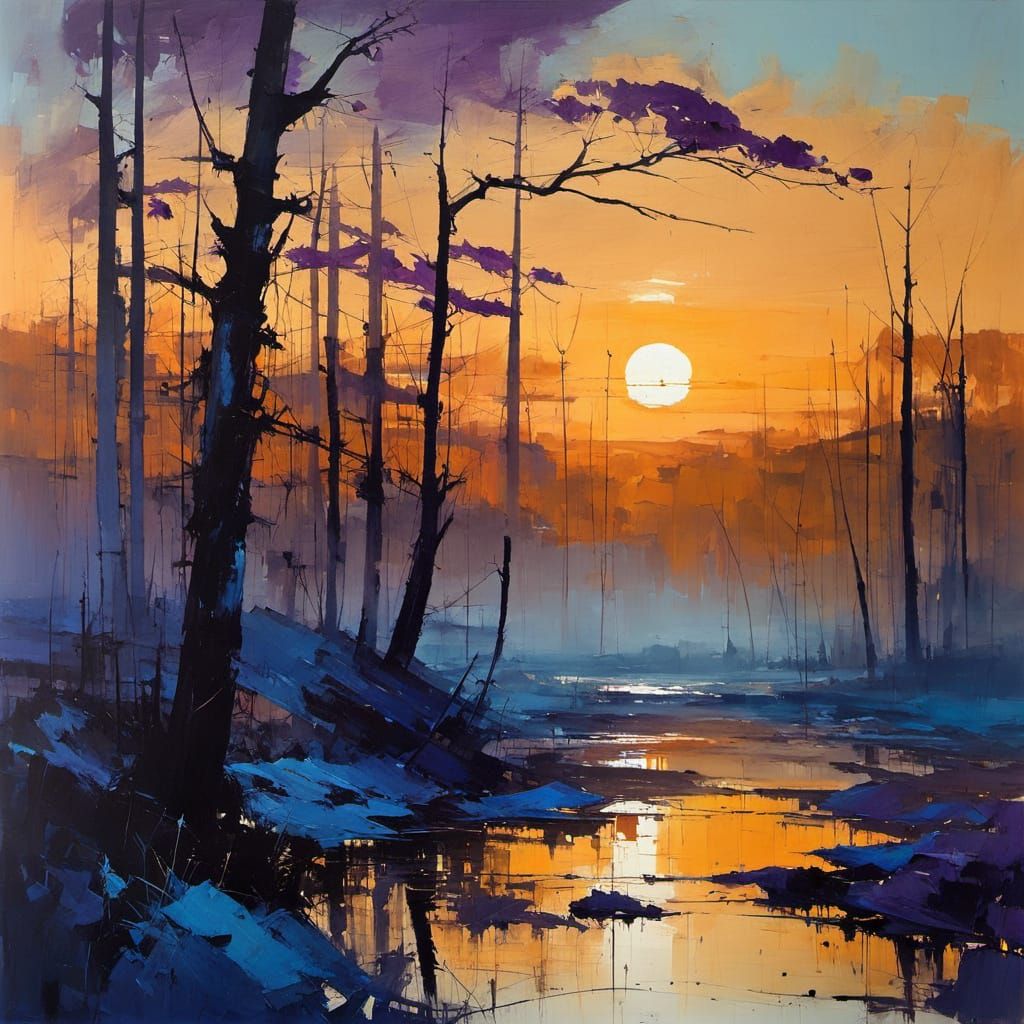 Abstract Night Landscape in Blue and Violet