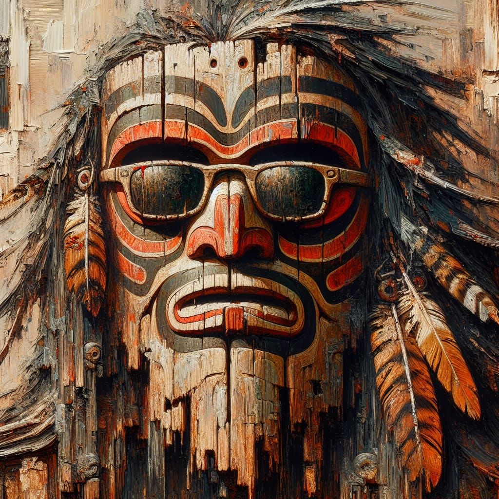Ancient Totemic Man in Sunglasses and Mask, Oil Painting in ...