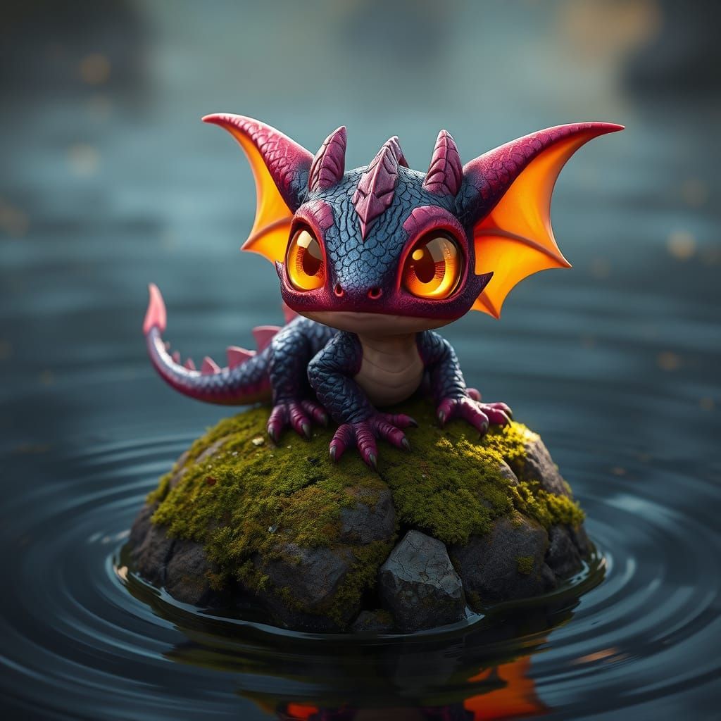 Cute Dark Fantasy Dragon Perched on a Mossy Rock