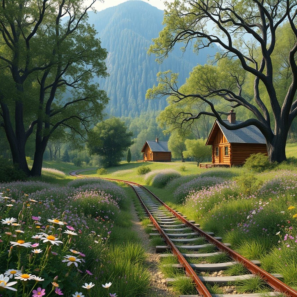 Serene Valley Landscape with Rustic Cabin