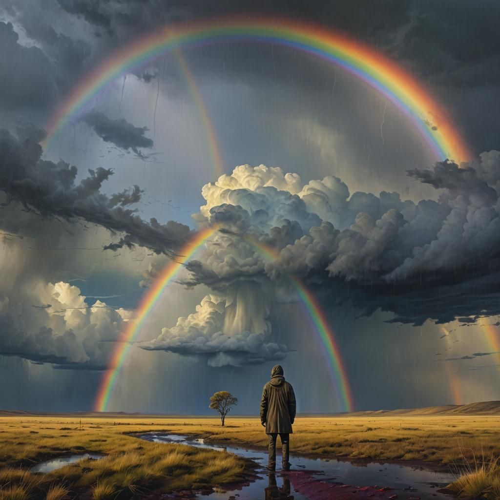 Vibrant, Moody Desolate Landscape with Lonely Figure