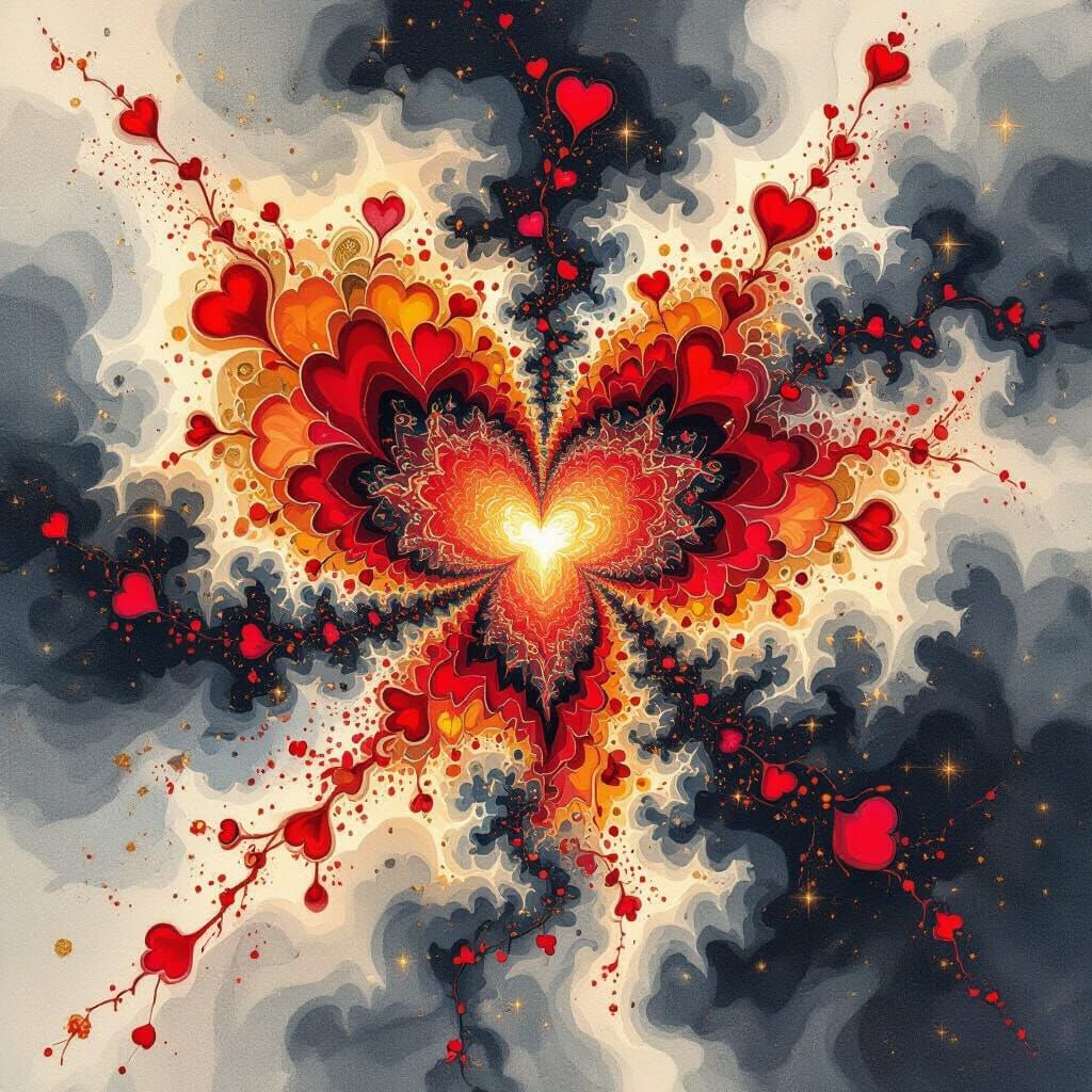 Vibrant Fractal Heart Pattern with Ink Splash and Gold Spark...