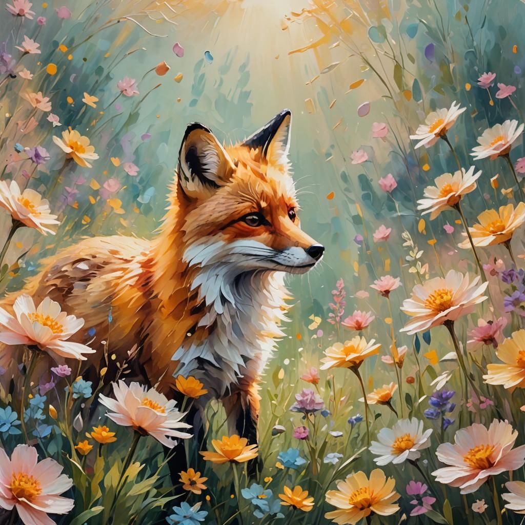 Soft Focus Watercolor Study of Fox and Flower