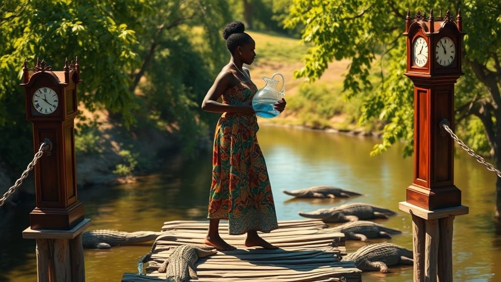 Statuesque Woman Steps onto Bridge Suspended Above River