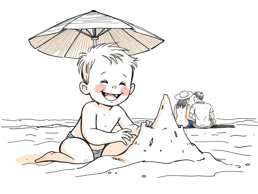 Happy Beach Scene with Parents and Child Building Sand Castl...