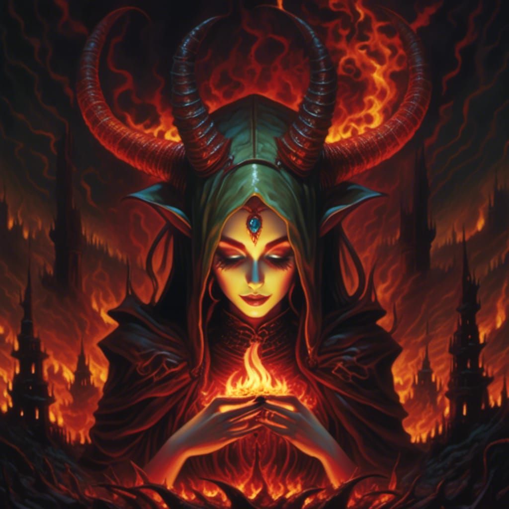Dark Fantasy Demoness in Hell with Bold, Psychedelic Colors...