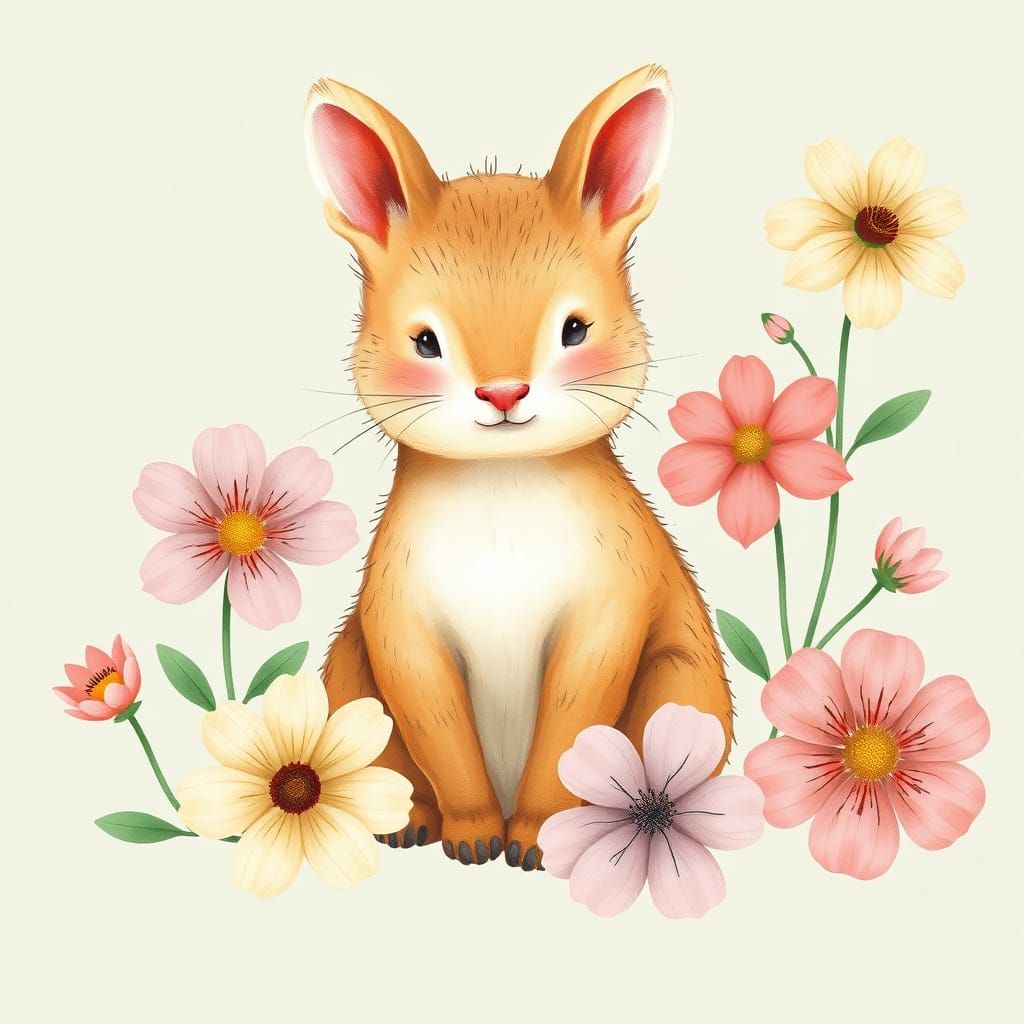Whimsical Animal Surrounded by Flowers, Illustration Art