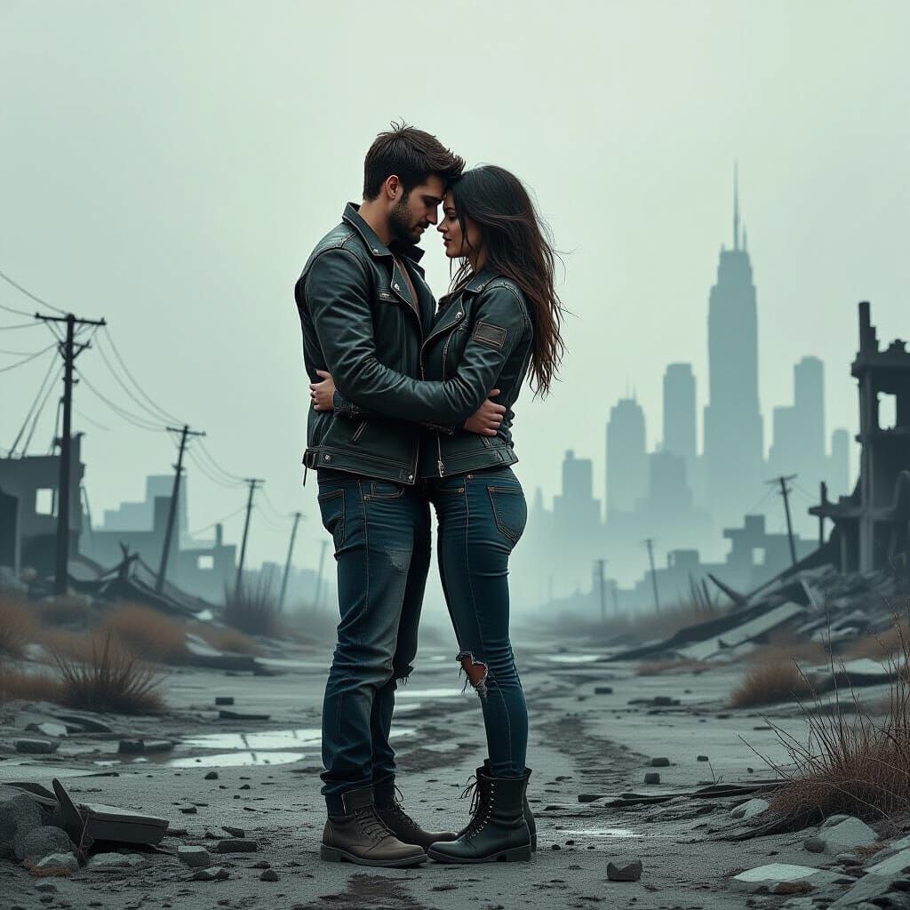 Post-Apocalyptic Embrace in Dystopian Landscape