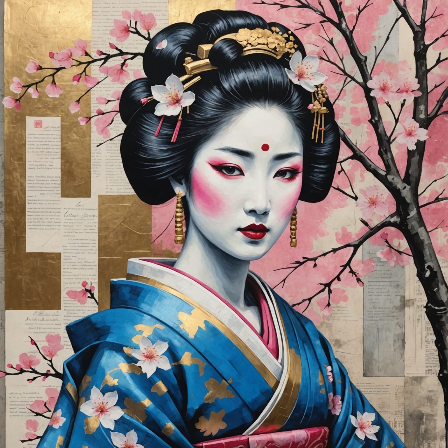 Vibrant Geisha Under Cherry Blossoms in Whimsical Washes