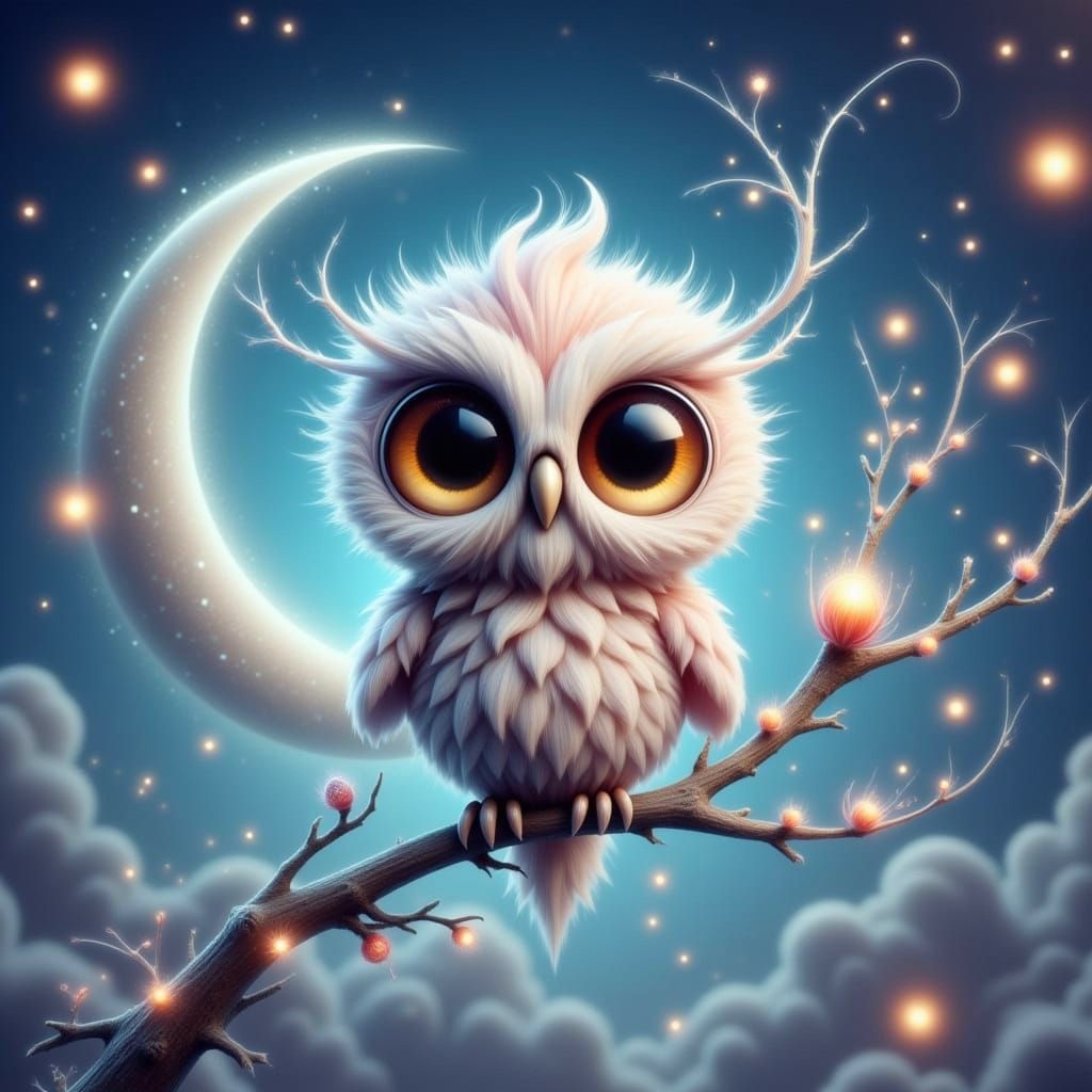 Whimsical Chibi Owlet Under Incorporeal Crescent Moon