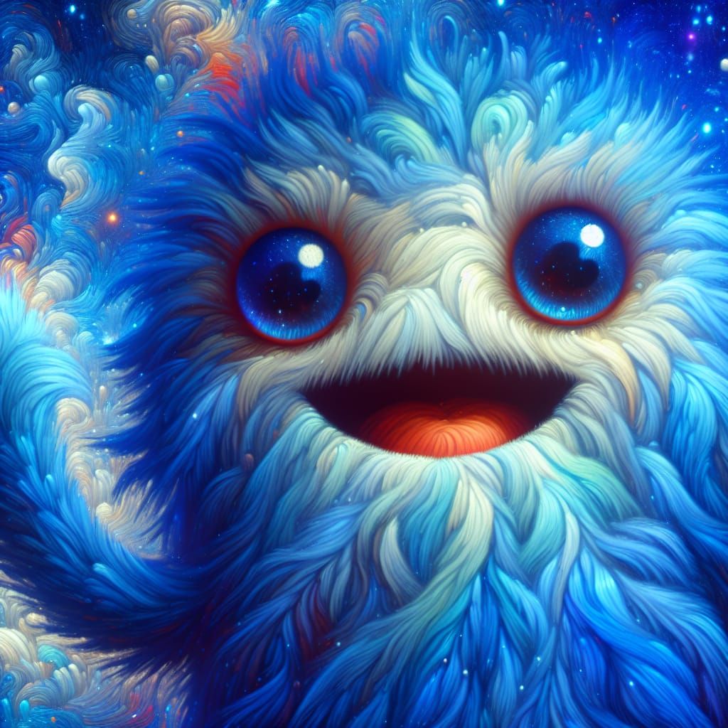 Surreal Blue and White Woolly Monster in Cosmic Holographic....