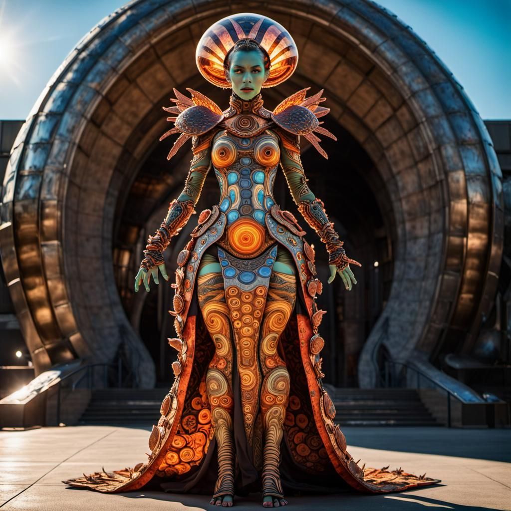 Retro Futuristic Alien Empress in Liquid Amber Finery