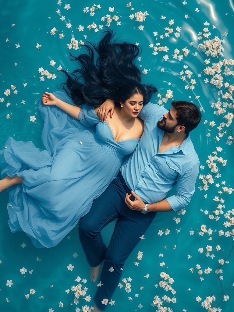 Lagoon Dream: Waterhouse-Inspired Couple in Blue