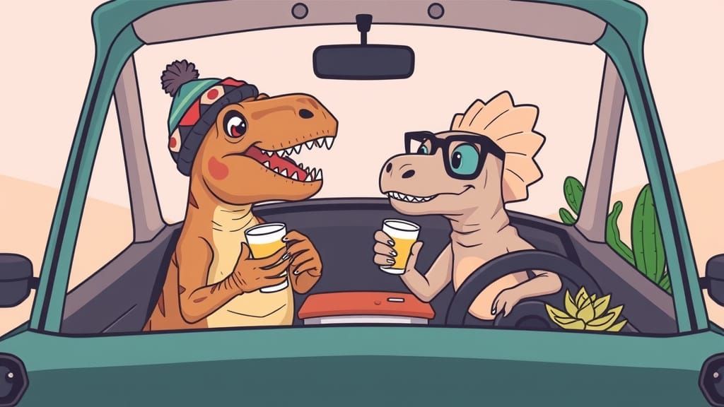 Hipster Dinosaurs in Electric Car Cartoon