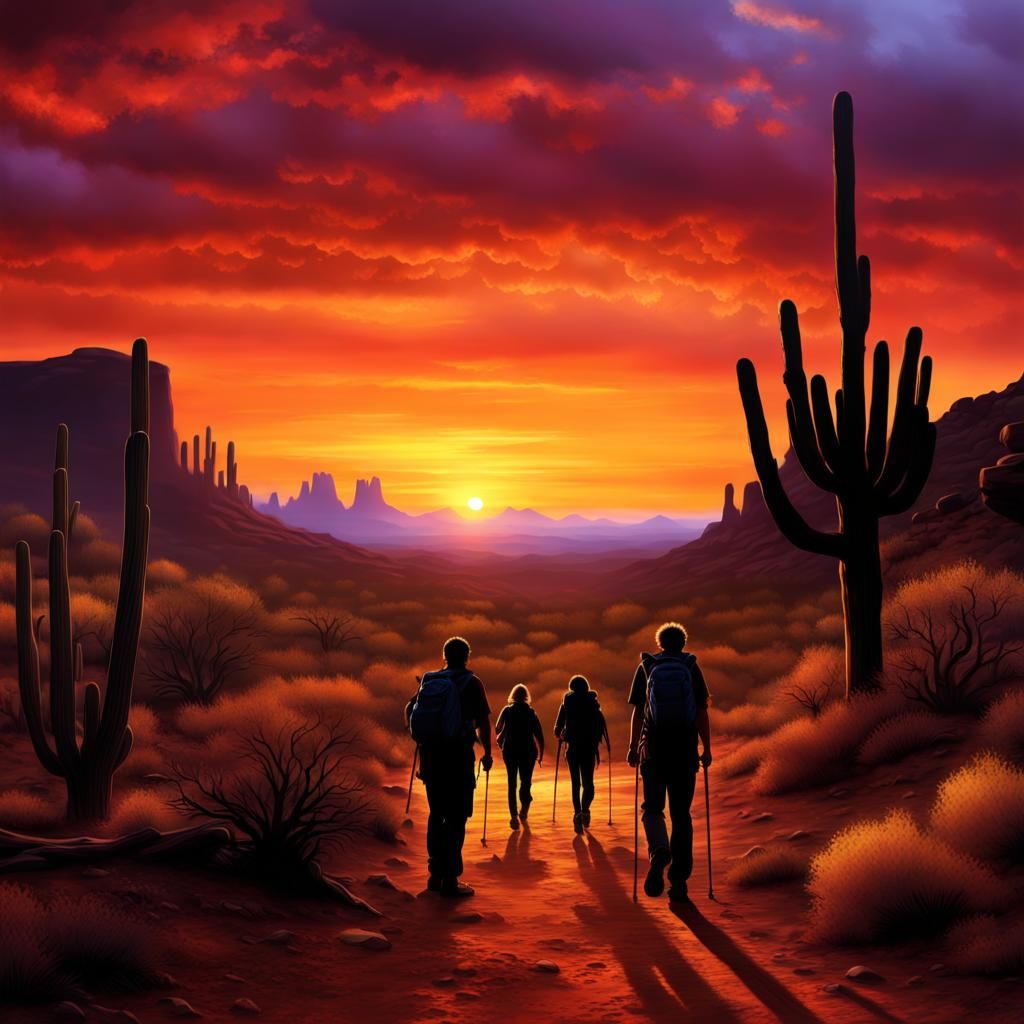 Hikers Silhouetted Against Majestic Arizona Sunset