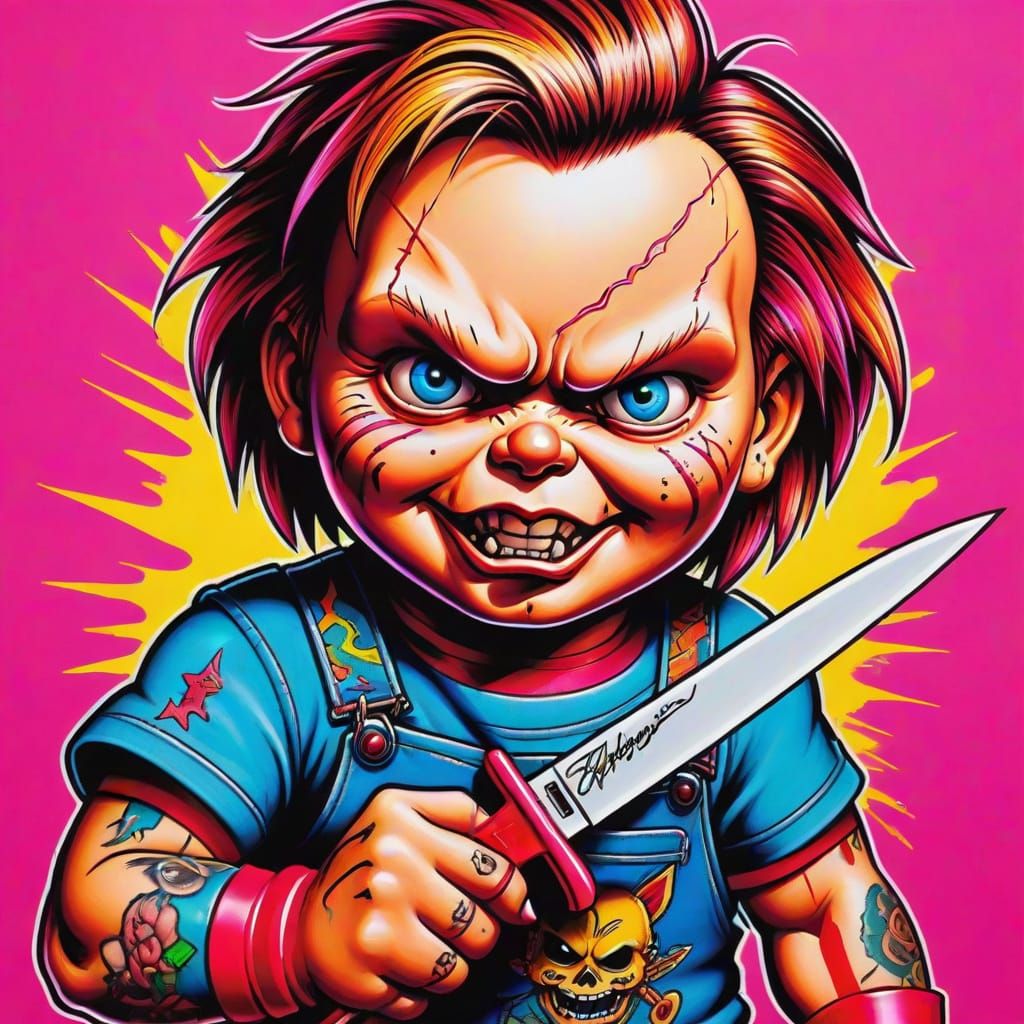 Chucky Tattoo Art with Knife and Neon Lighting