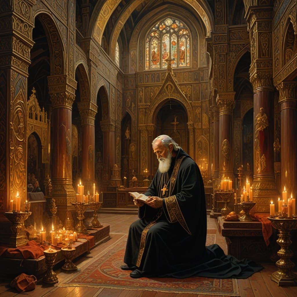 Candlelit Cathedral Interior with Priest and Penitent in Pra...