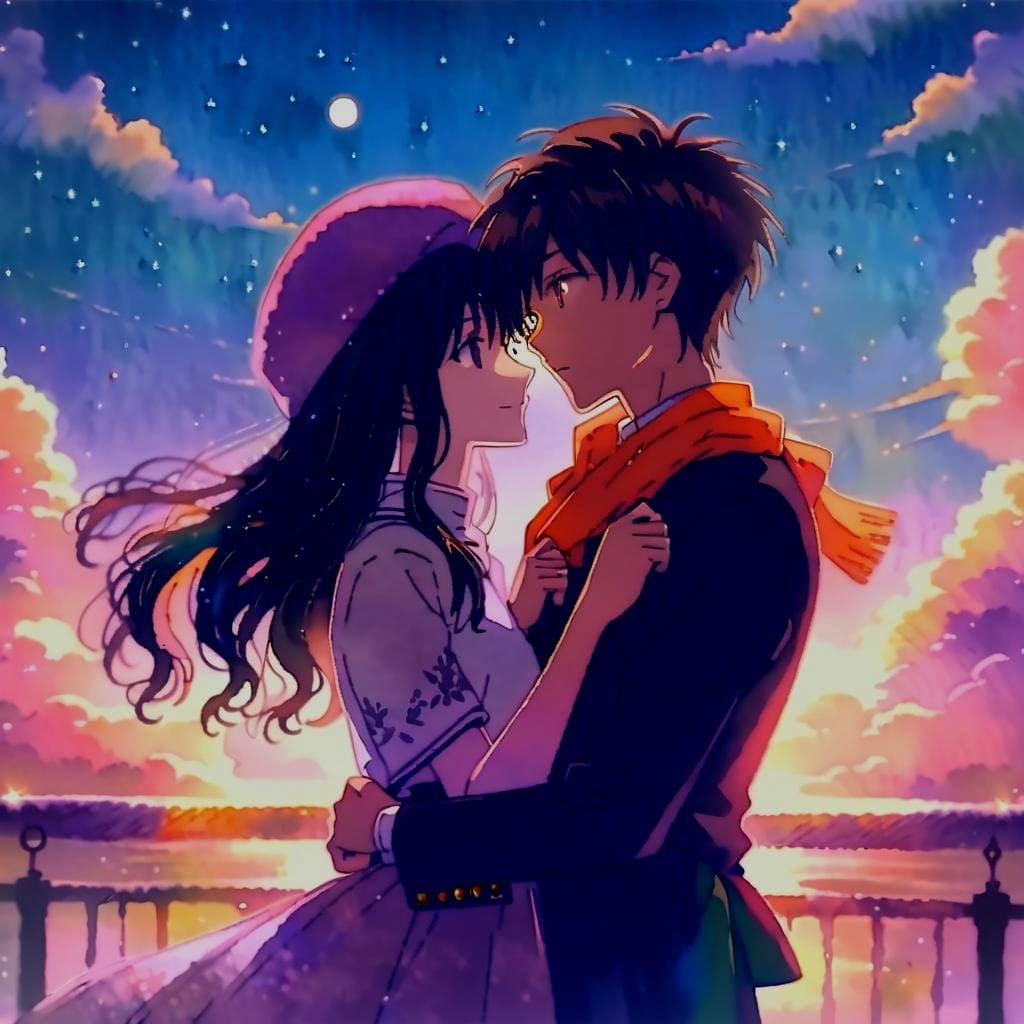 Romantic Nighttime Duo in Anime Style