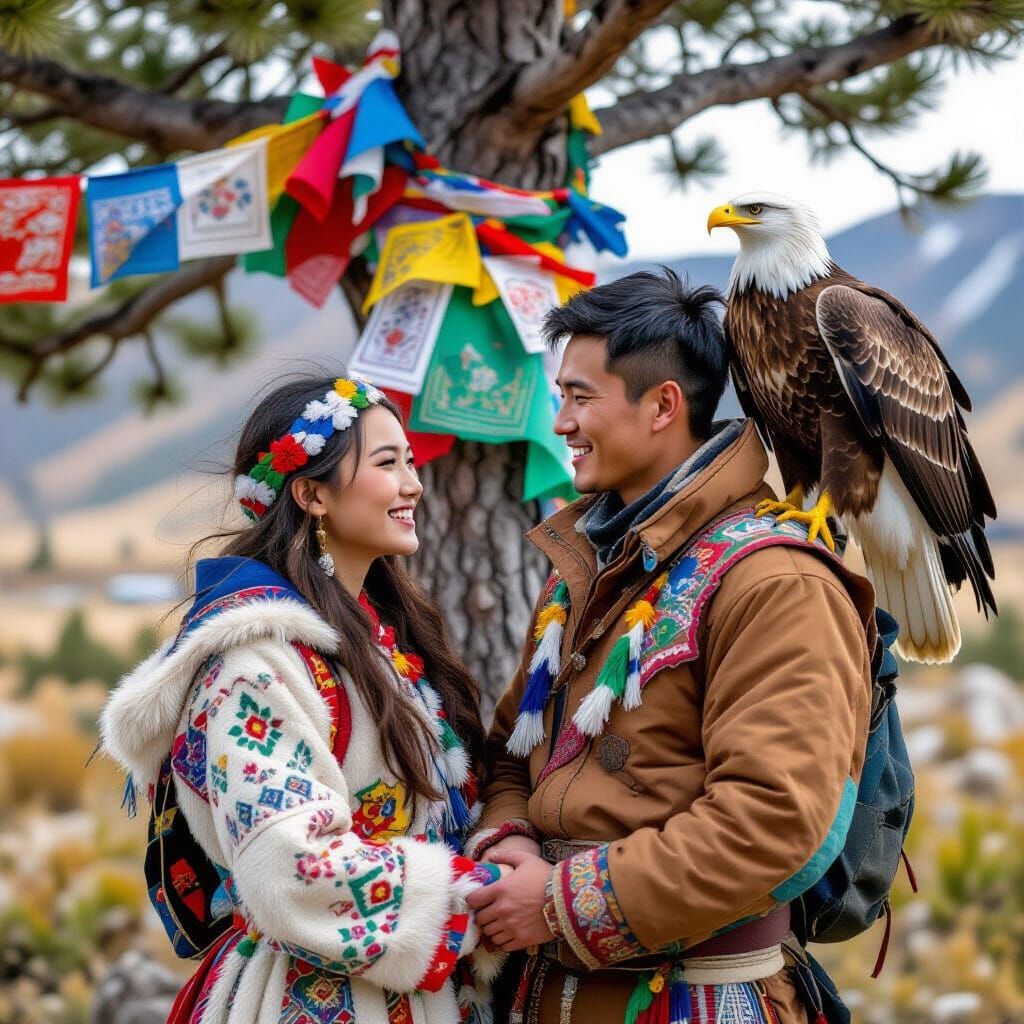 A mongolian young couple are standing next to a tree with pr...