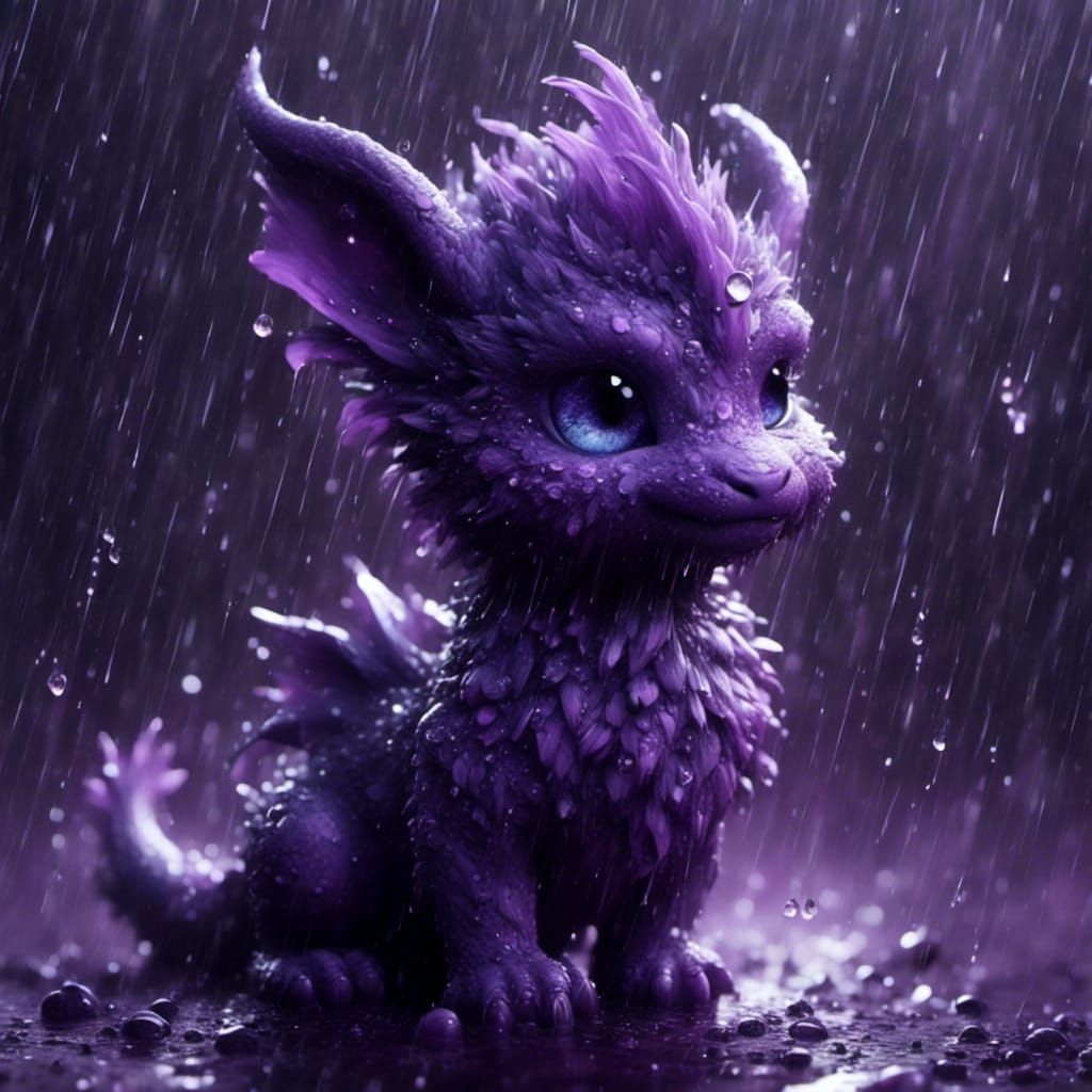 Vibrant Chibi Dragon Dances in Rainy Storm