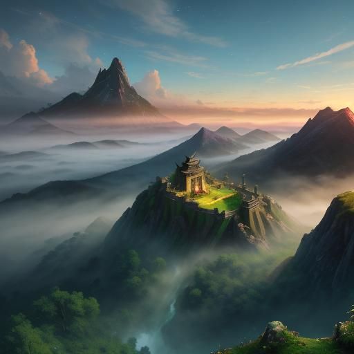 Mystical Guardian at Sunset in a Fantasy Temple