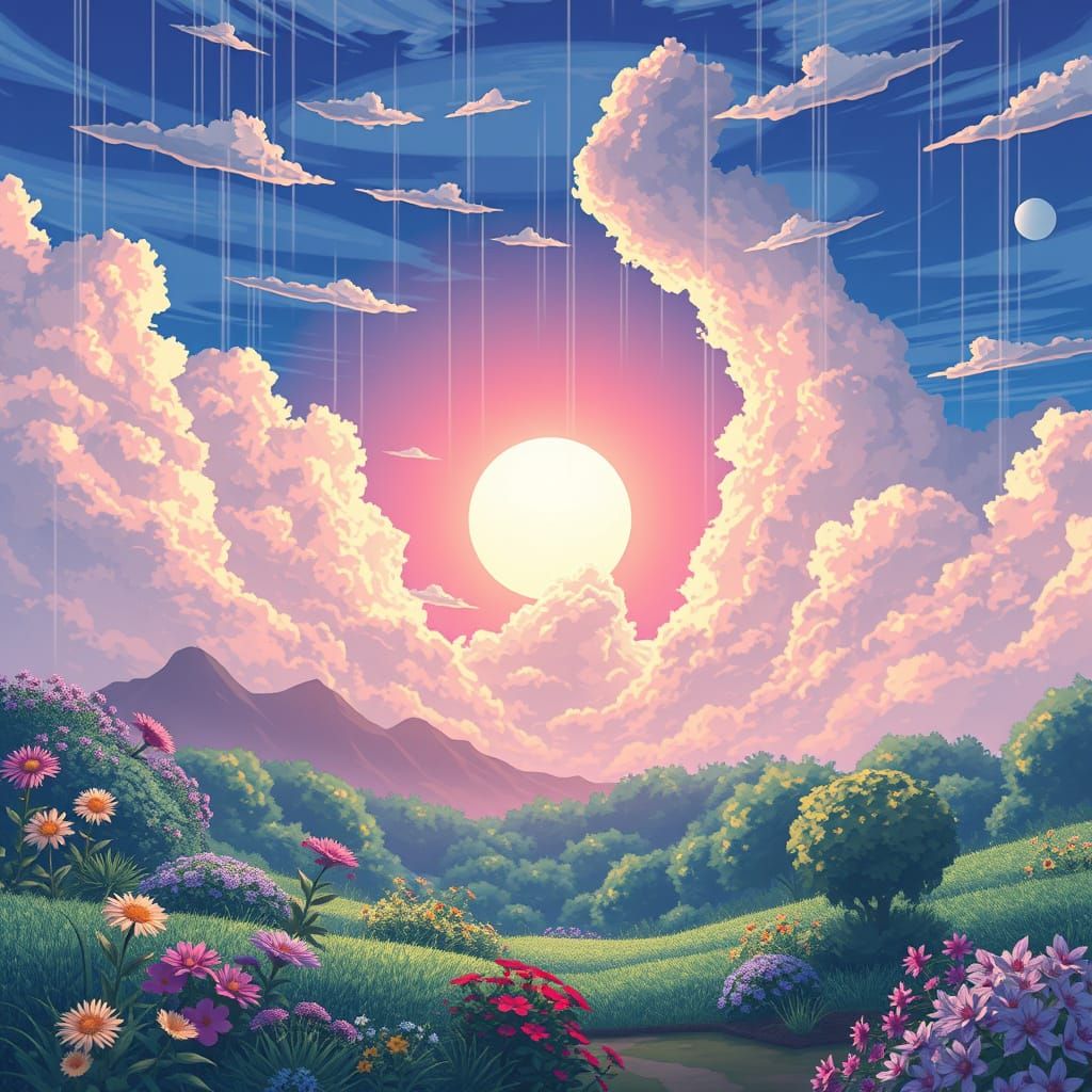 Anime Garden and Sky Landscape