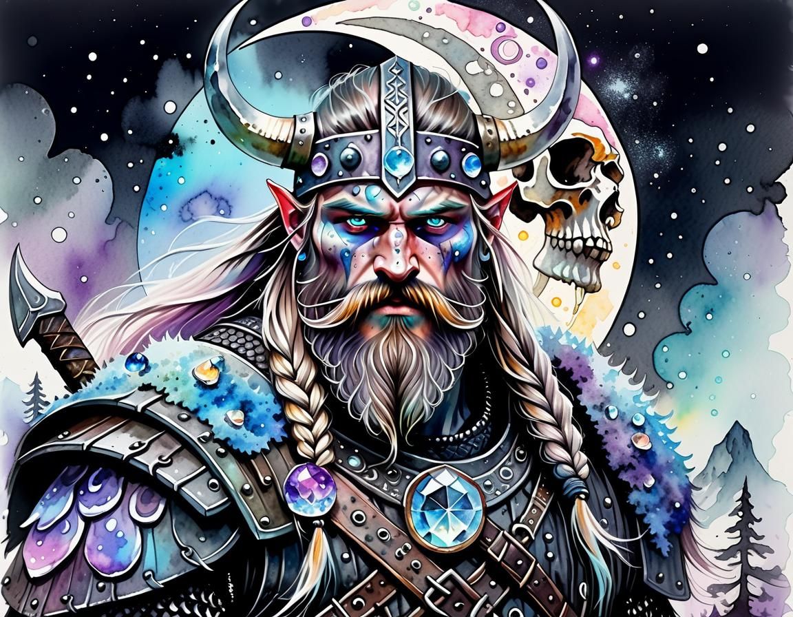 War-Torn Viking Warrior Under Crescent Moon