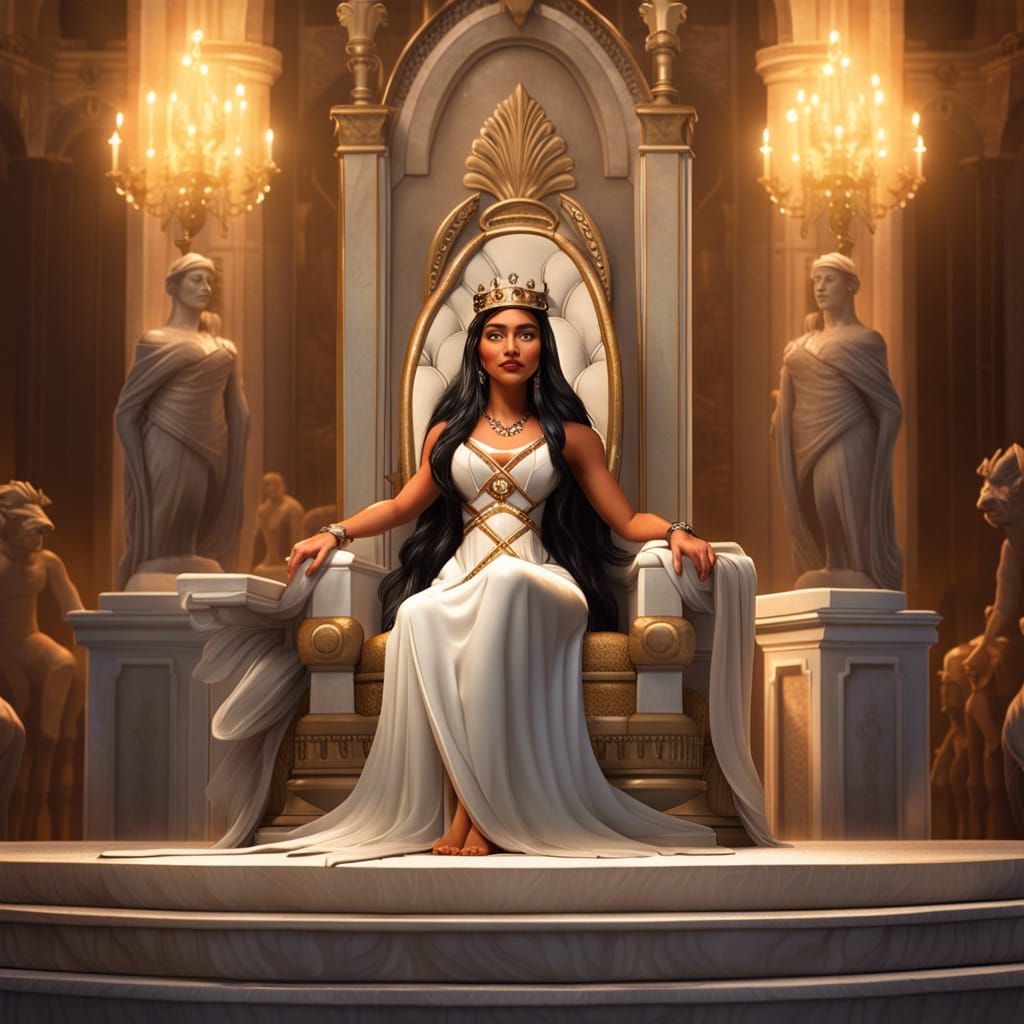 Greek Goddess Pocahontas in Dark Fantasy Throne Room Scene