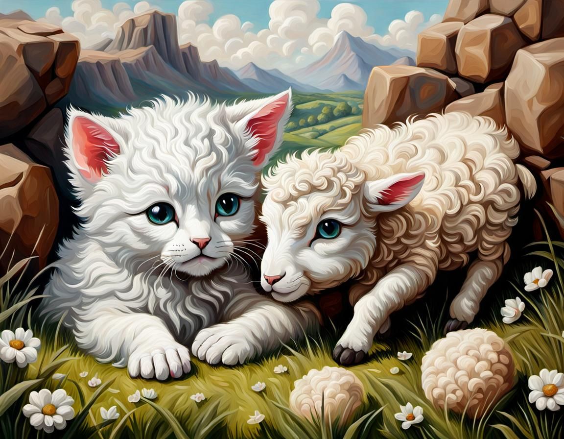 Whimsical Baby Cat and Lamb in Vibrant Oil Painting