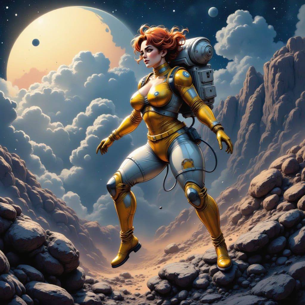 A beautiful woman in a figure-hugging silver and gold spaces...