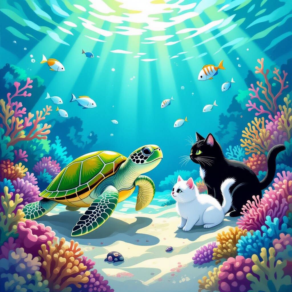 Underwater Fantasy: Turtle, Cats, and Coral Reef
