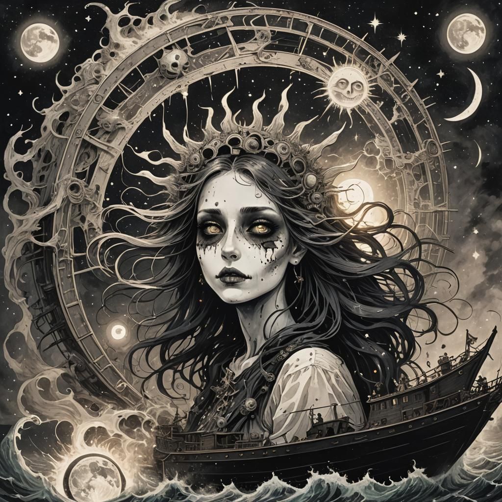 Surreal Apocalypse Goddess Sails Ship of Spirits Towards Bla...
