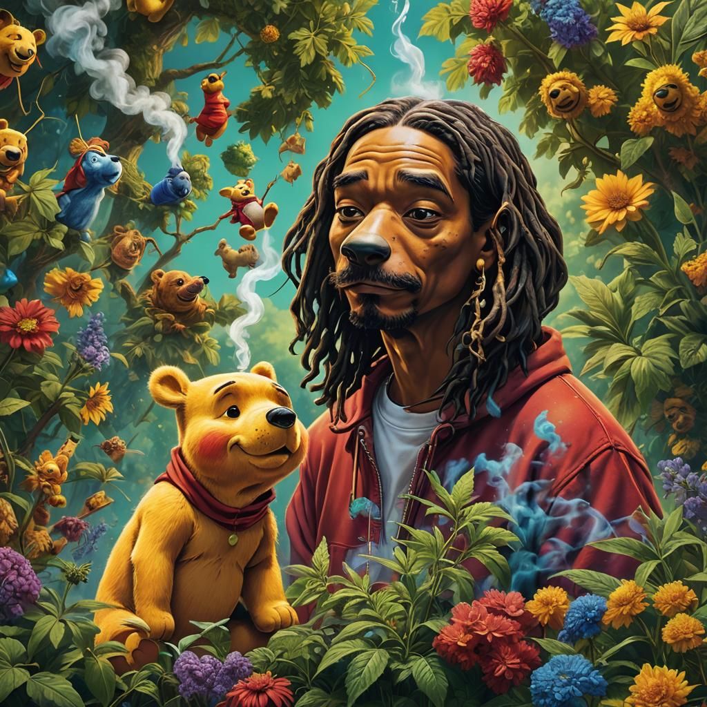 Hyperrealistic Winnie the Pooh and Snoop Dog in a Smoky Mid...