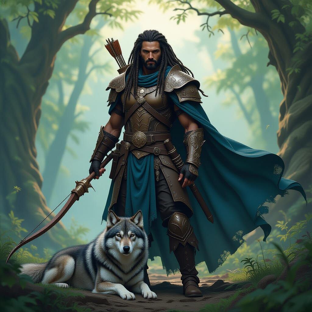Black D&D Ranger in Mystical Forest with Wolf
