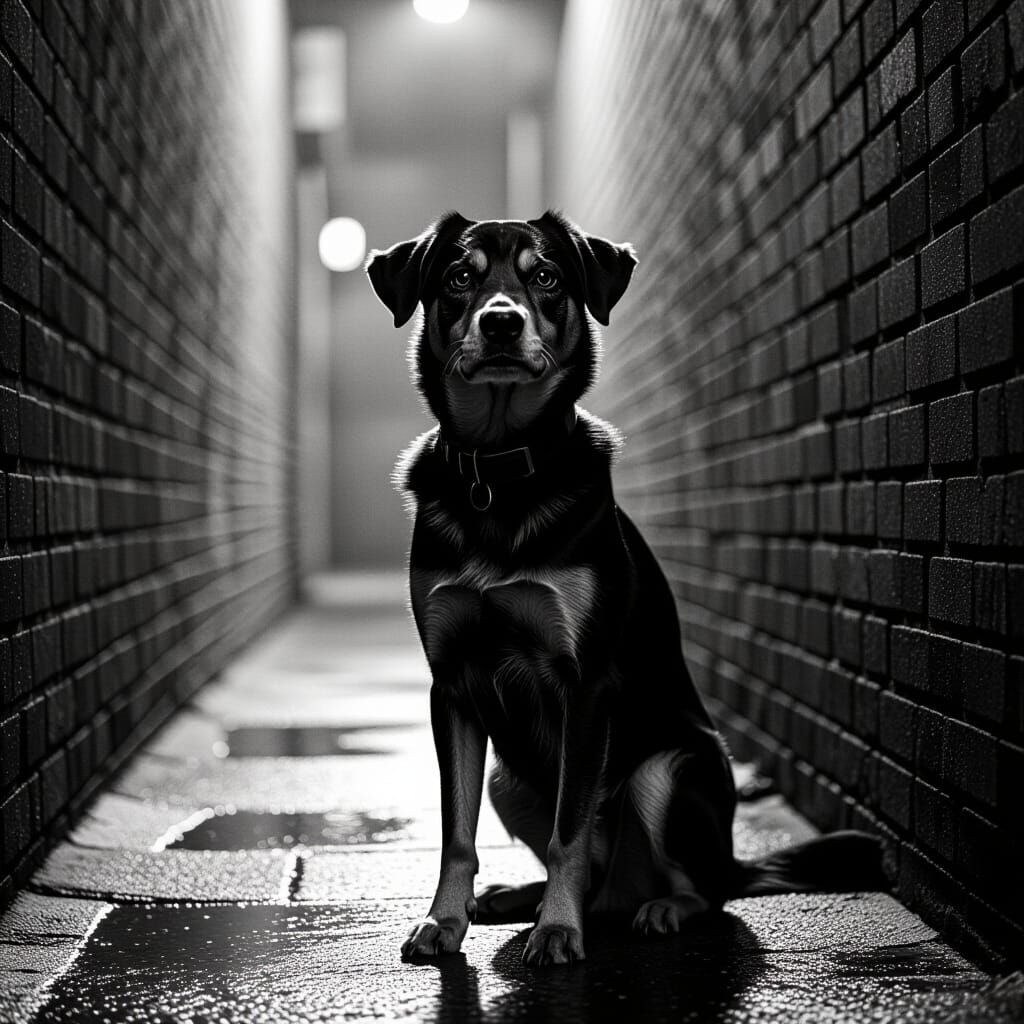 Dog in Dim Alleyway: A Film Noir Photograph
