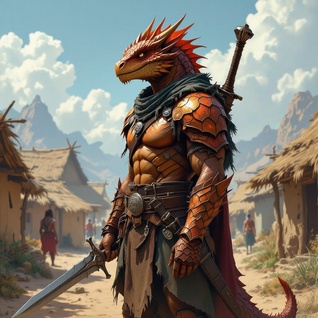 Dragon-Human Warrior in Tribal Village, Fantasy Art