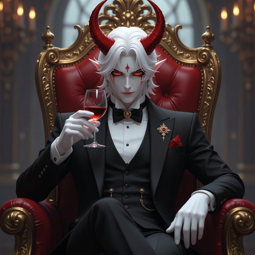 Regal Demon Prince on Throne in 3D Anime Style