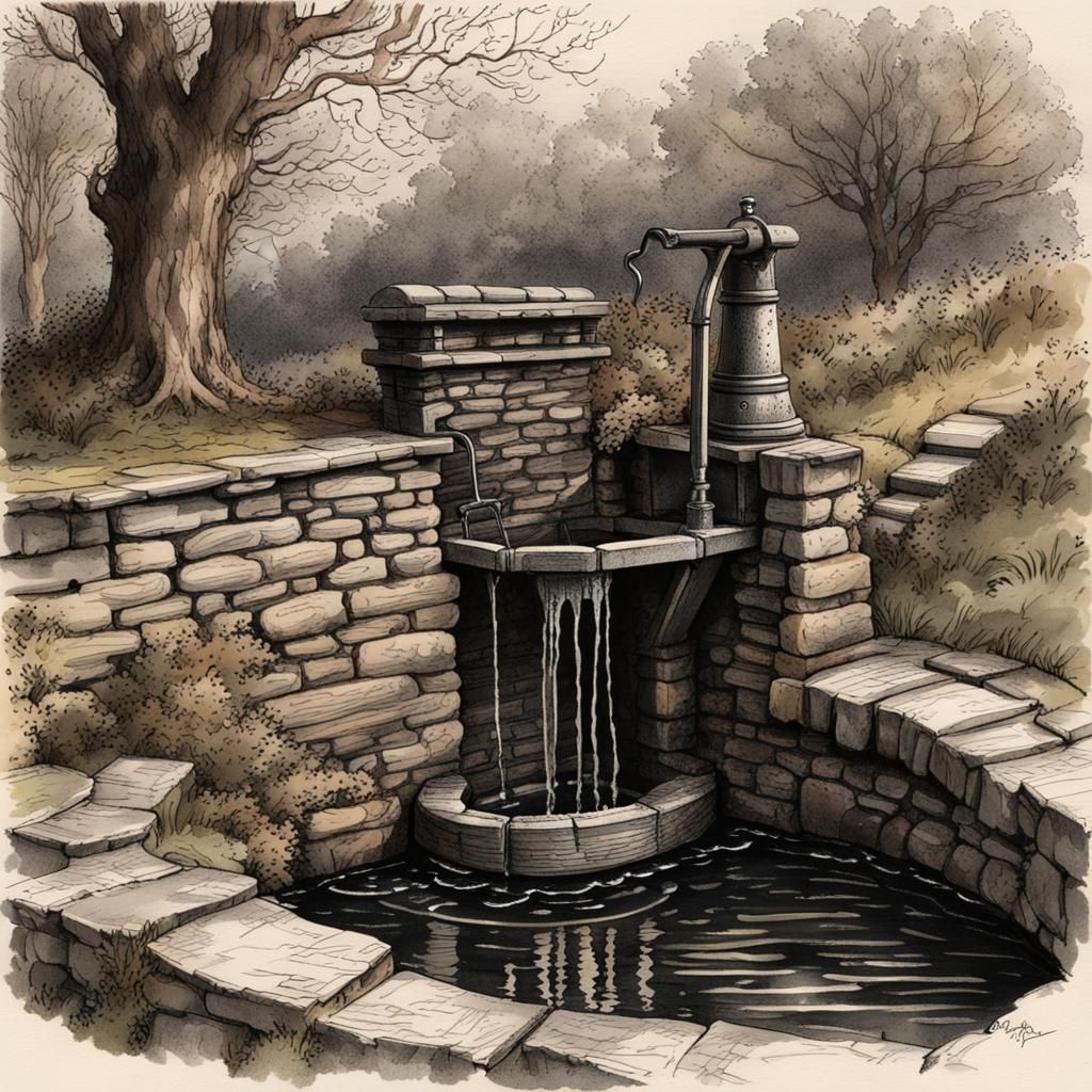 Historic Welsh Water Well Sketch in 18th Century Detail