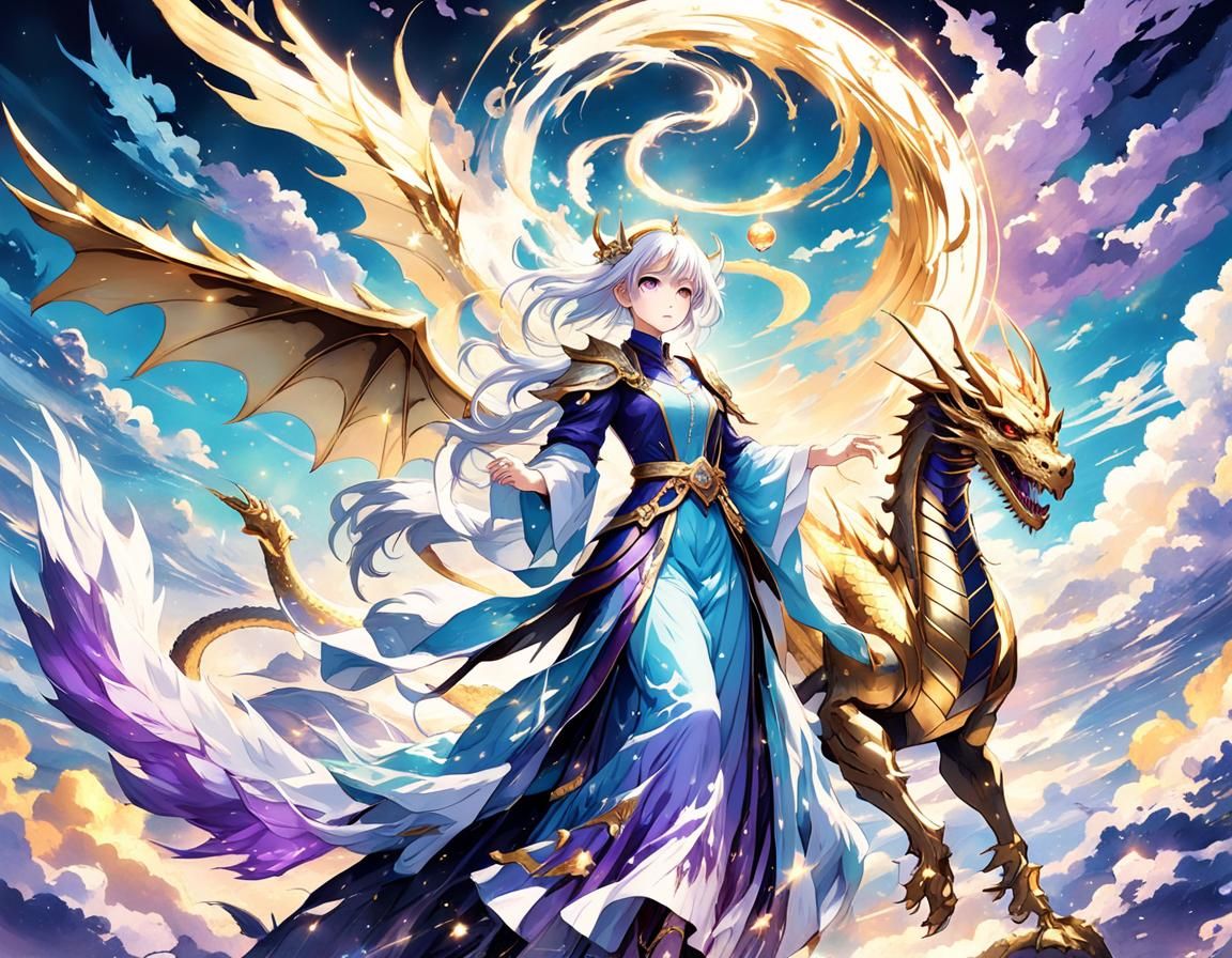 Anime Angel Rides Golden Dragon in Celestial Wonderland