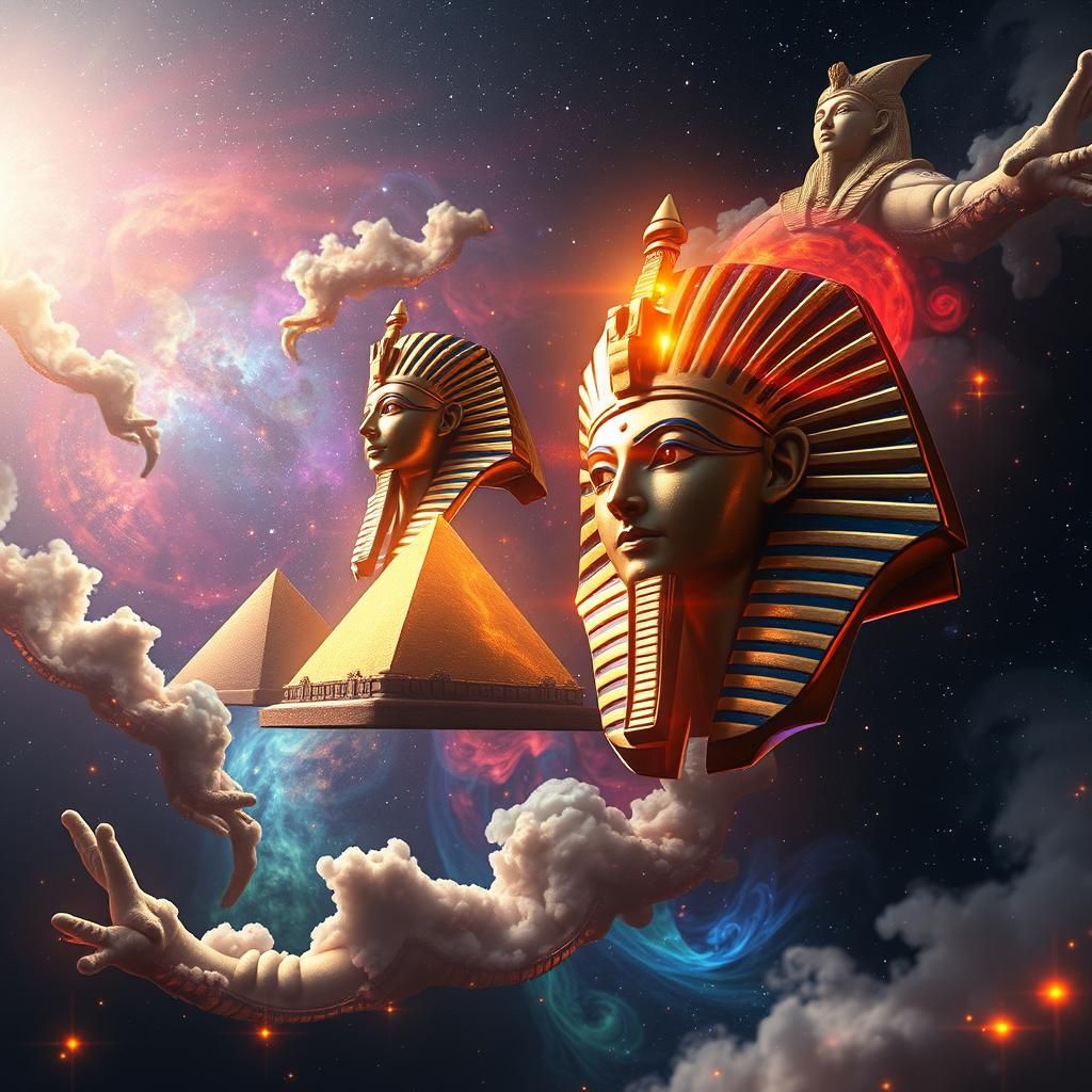 Floating Ancient Gods in Vibrant Cosmic Space