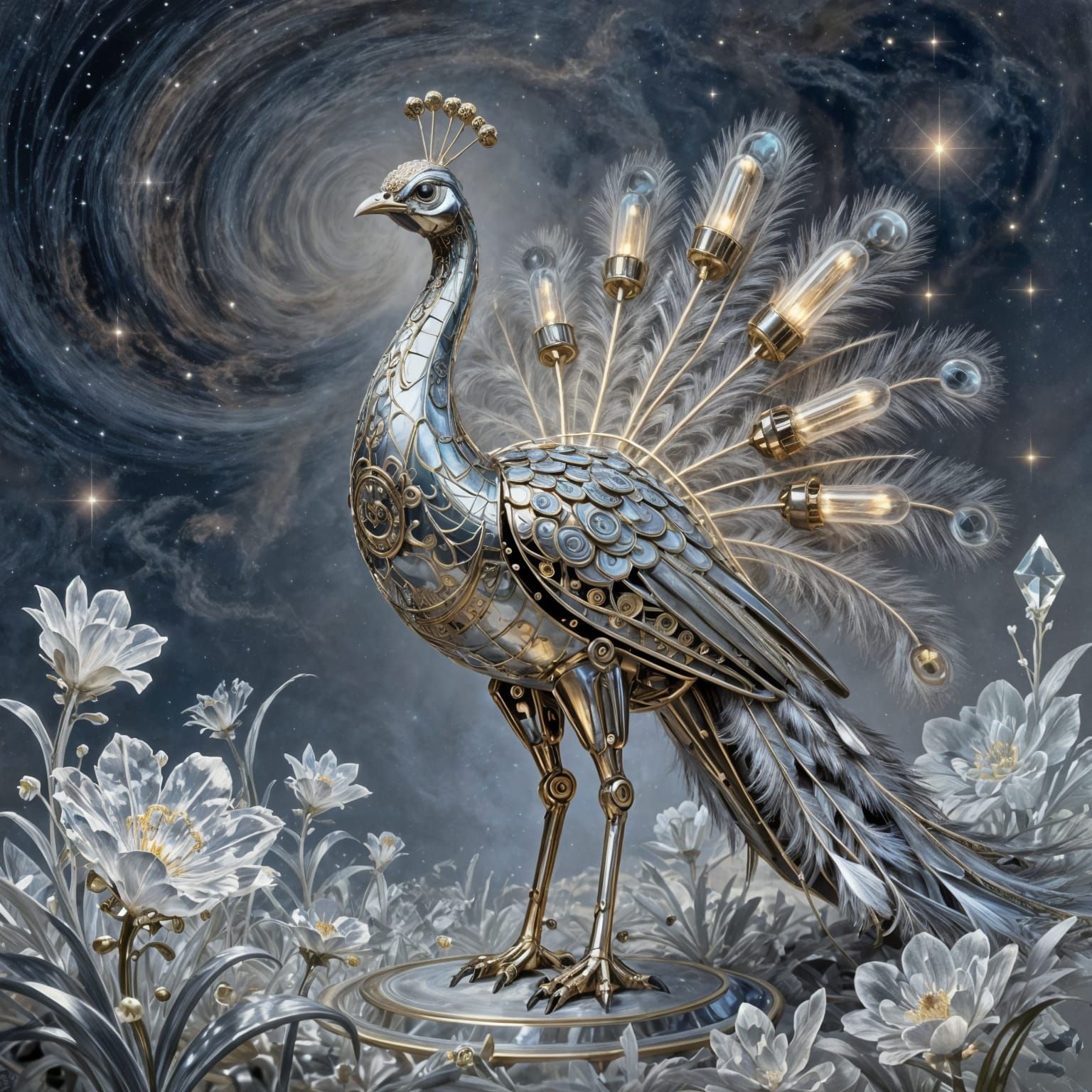 Mechanical Peacock with Chrome and Vacuum Tubes in Crystal F...