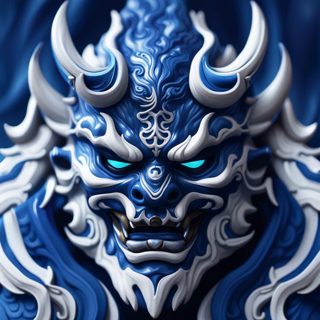 Surreal Blue and White Oni Mask