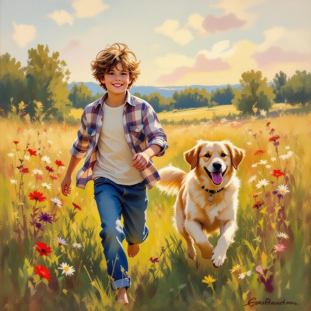 Boy and Dog in Meadow, Impressionist Oil Painting