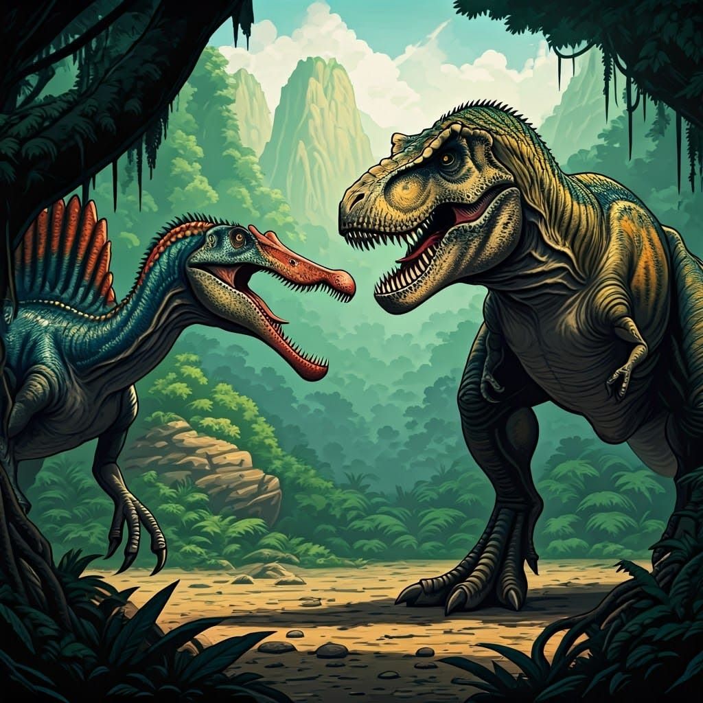 Tyrannosaurus Rex Confronts a Fierce Spinosaurus in Epic Pre...
