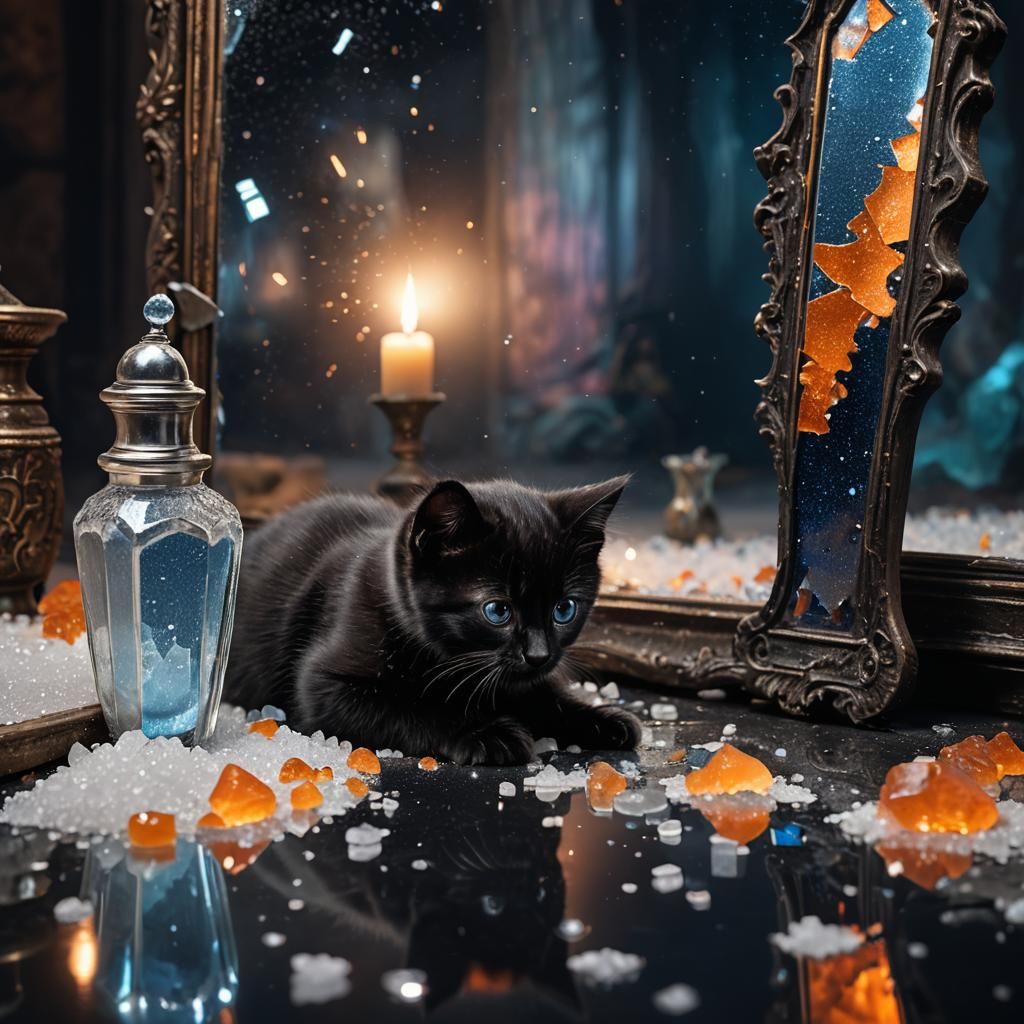 Mysterious Black Kitten in Shattered Dreamscape