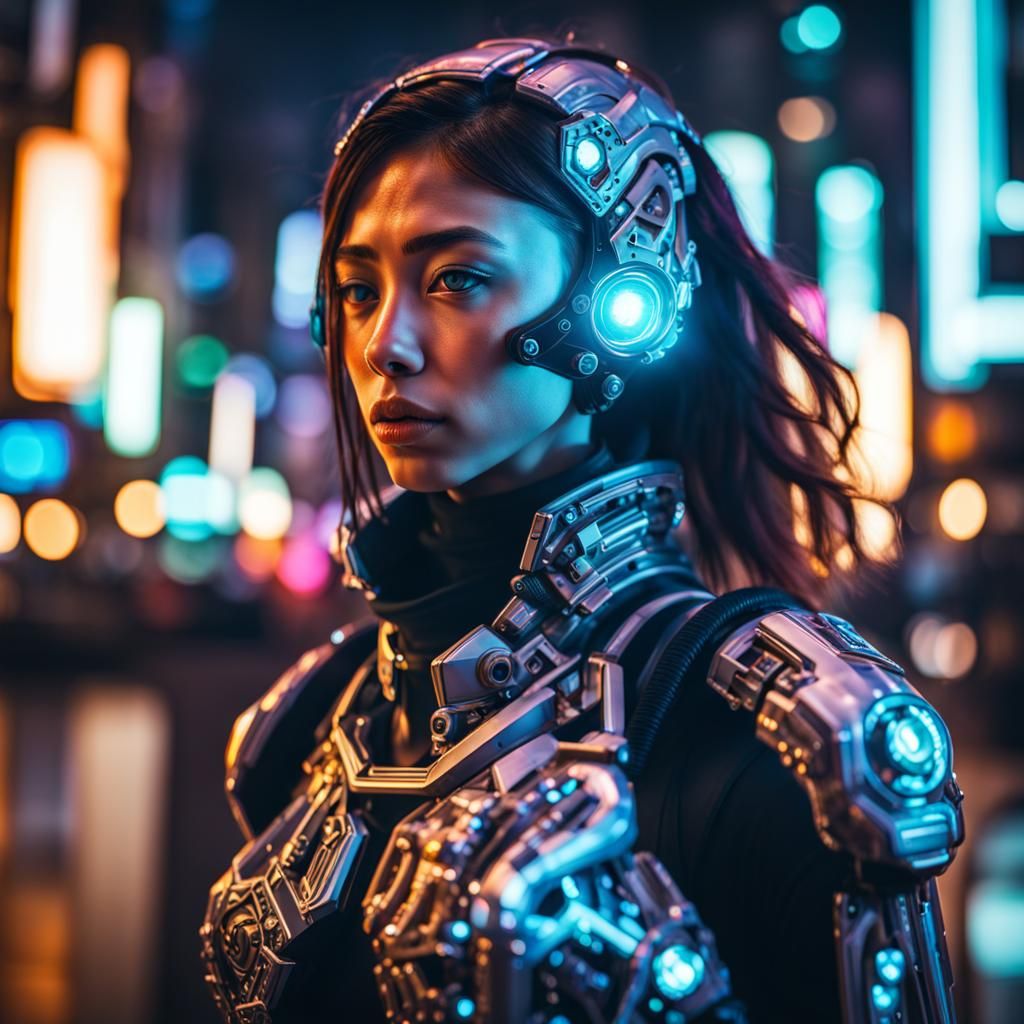 Cyborg Girl in Neon City at Night, High-Gloss Hyperrealistic...