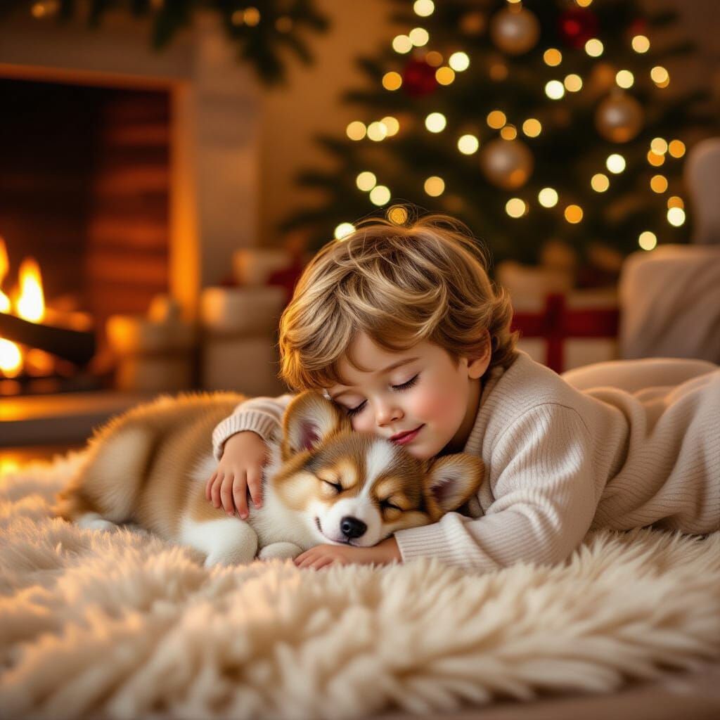 Angelic Boy and Corgi Puppy Sleep by Fireplace