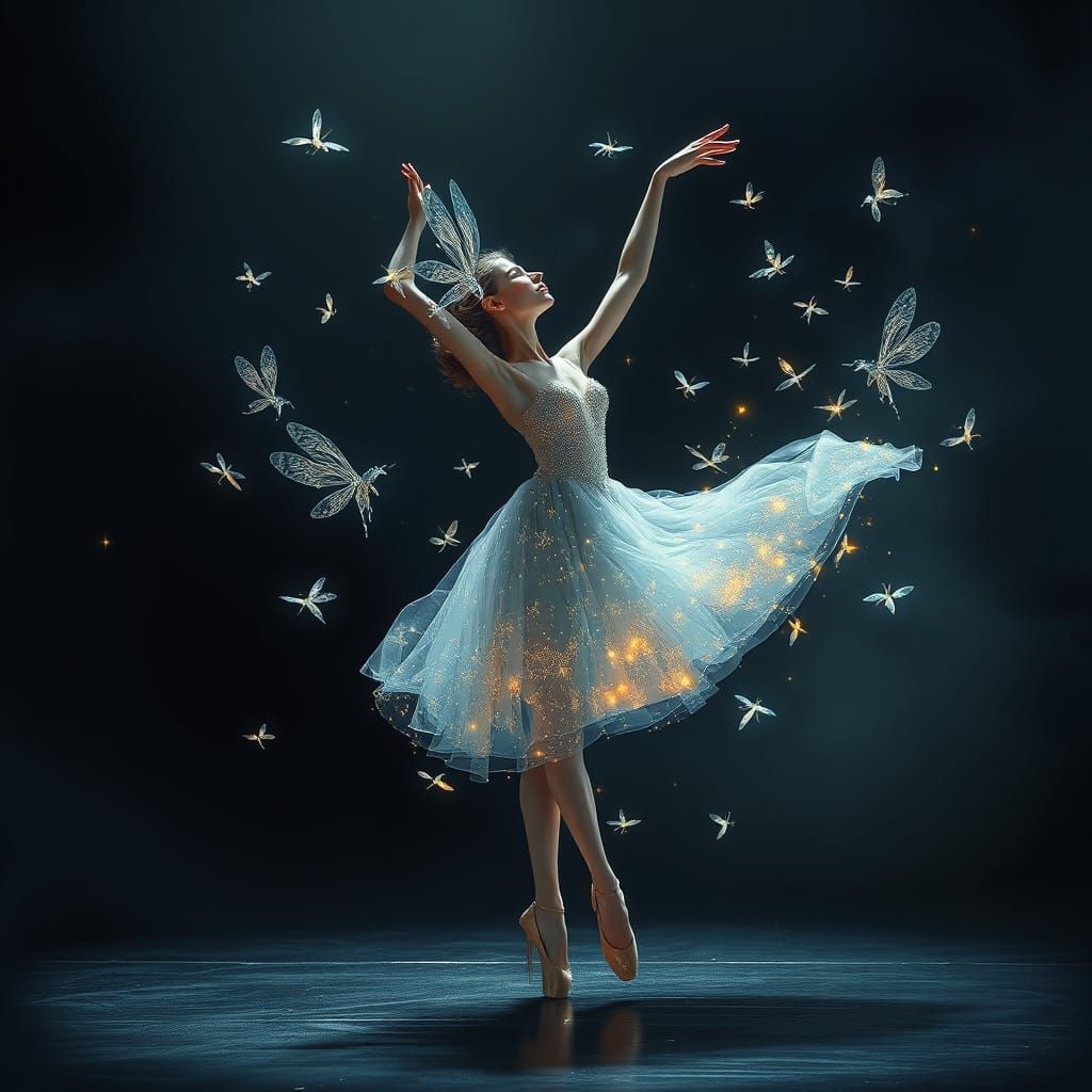Ballerina in Dragonfly Dress Dances in Spotlight
